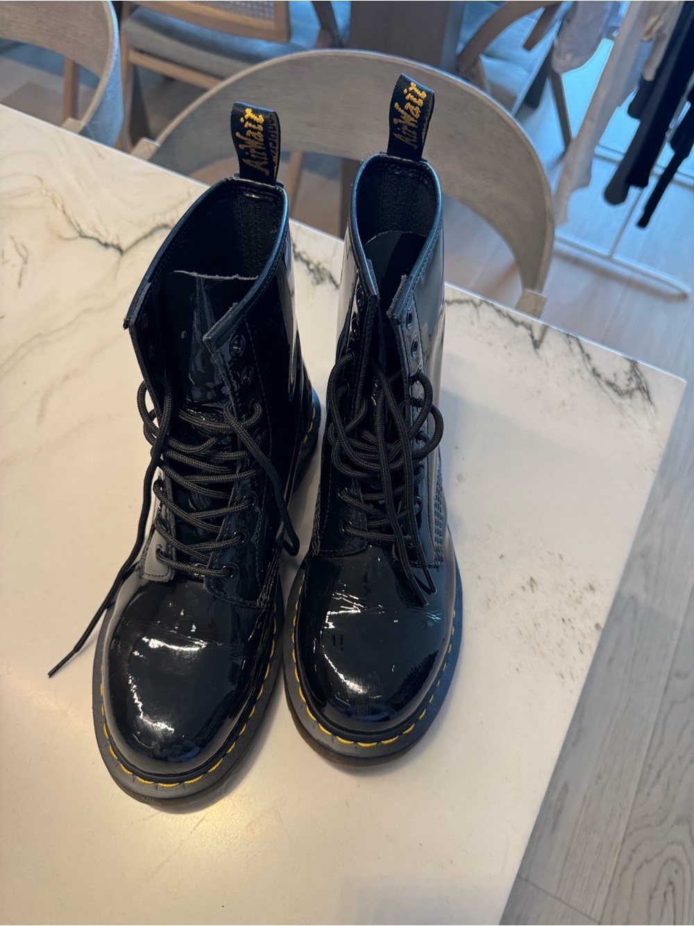 Dr. Martens Black Patent 8-Eye Lace-Up Boots with Yellow Stitching - Picture 11 of 11